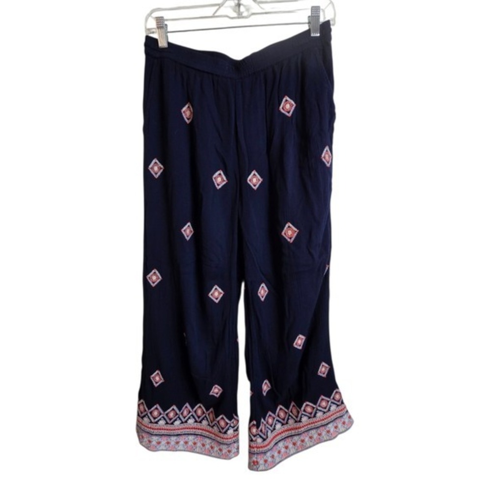 Sundance Navy Blue Embroidered Small Wide Leg Boho Pants Elastic Waist Gauzey - Picture 3 of 16